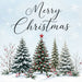 Merry Christmas 10 inch metal sign with snowy evergreen trees, decorated Christmas tree with red ornaments and star, red berries and snowflakes on an icy blue background, TTE-69