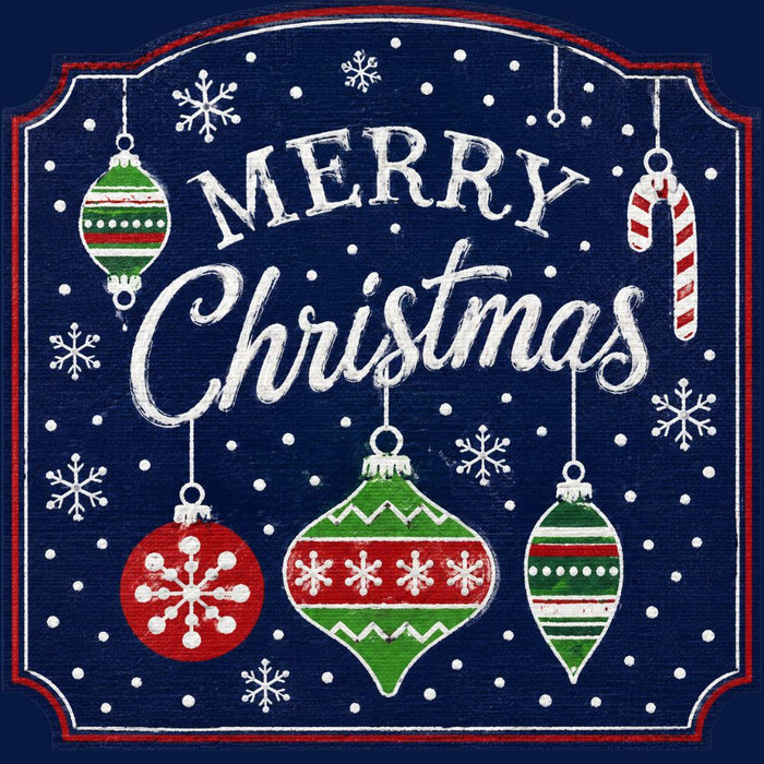 Merry Christmas metal sign featuring vintage Christmas ornaments, snowflakes, a candy cane, and a navy blue background. Exclusive Trendy Tree Design. SKU TTE-535.