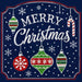 Merry Christmas metal sign featuring vintage Christmas ornaments, snowflakes, a candy cane, and a navy blue background. Exclusive Trendy Tree Design. SKU TTE-535.