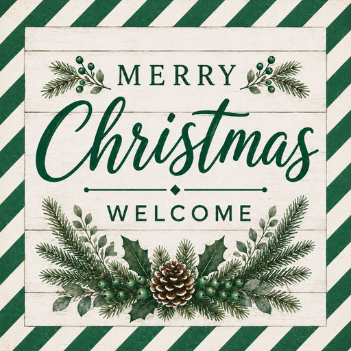 Merry Christmas Welcome green metal sign featuring green striped border, pine, holly, green berries, and pinecone on a cream wood background. SKU TTE-575.