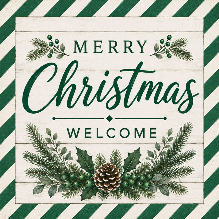 Merry Christmas Welcome green metal sign featuring green striped border, pine, holly, green berries, and pinecone on a cream wood background. SKU TTE-575.