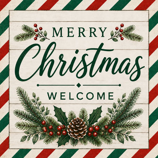Merry Christmas Welcome red and green metal sign featuring striped border, pine, holly, red berries, and pinecone on a cream wood background. SKU TTE-574.