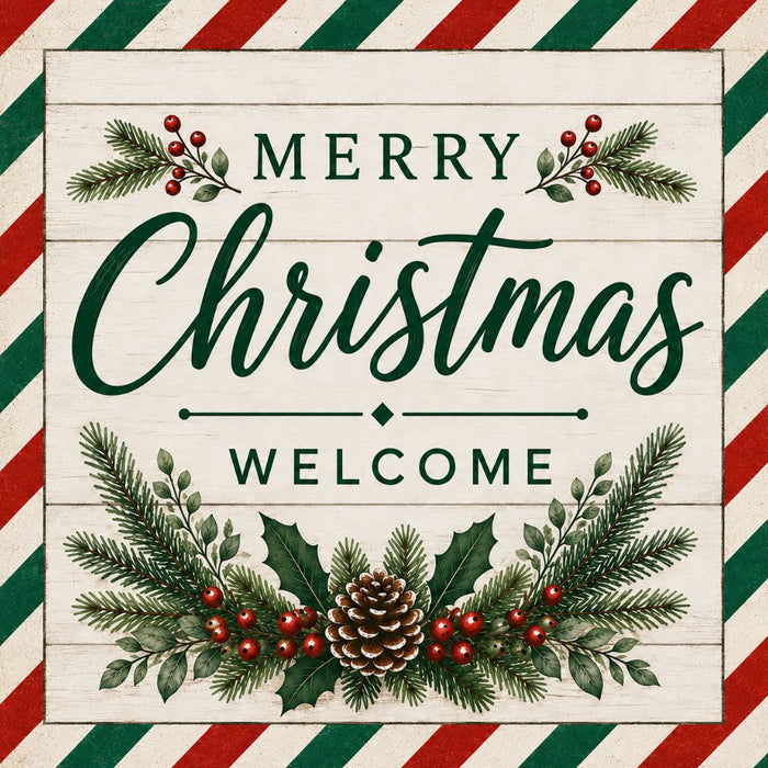 Merry Christmas Welcome red and green metal sign featuring striped border, pine, holly, red berries, and pinecone on a cream wood background. SKU TTE-574.