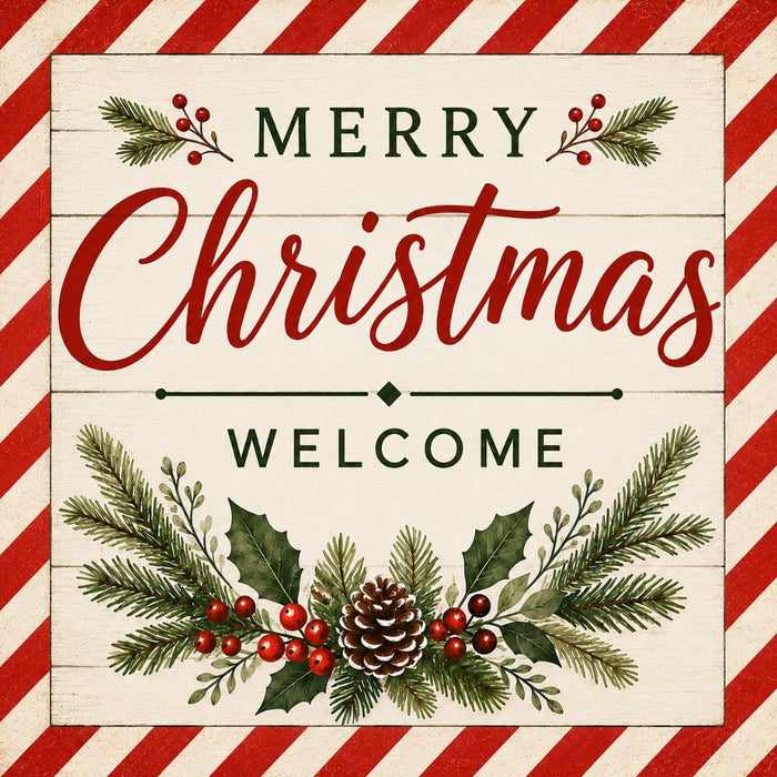 Merry Christmas Welcome red metal sign featuring a red striped border, pine, holly, red berries, and pinecone on a cream wood background. SKU TTE-576.