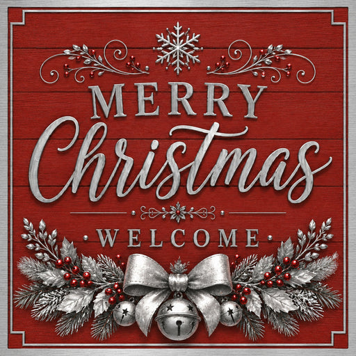 Merry Christmas Welcome red and silver metal sign featuring silver jingle bells, metallic bow, winter greenery, red berries, and snowflake. SKU TTE-579.
