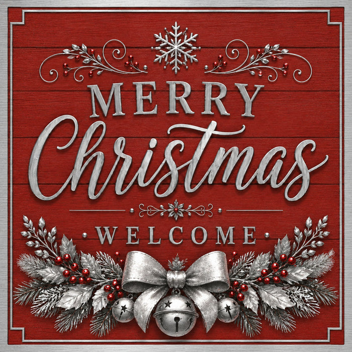 Merry Christmas Welcome red and silver metal sign featuring silver jingle bells, metallic bow, winter greenery, red berries, and snowflake. SKU TTE-579.