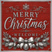 Merry Christmas Welcome red and silver metal sign featuring silver jingle bells, metallic bow, winter greenery, red berries, and snowflake. SKU TTE-579.