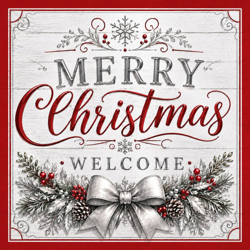 Merry Christmas Welcome silver and red metal sign featuring a large silver bow, winter greenery, red berries, pinecones, and snowflakes. SKU TTE-580.