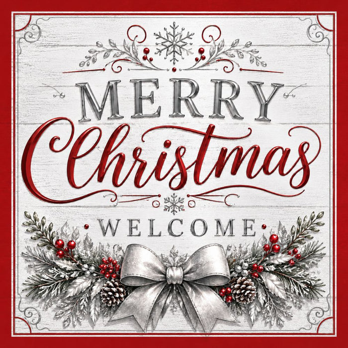 Merry Christmas Welcome silver and red metal sign featuring a large silver bow, winter greenery, red berries, pinecones, and snowflakes. SKU TTE-580.