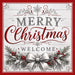 Merry Christmas Welcome silver and red metal sign featuring a large silver bow, winter greenery, red berries, pinecones, and snowflakes. SKU TTE-580.