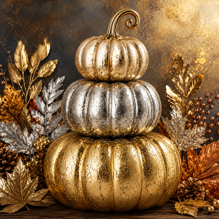 metallic harvest pumpkin stack metal sign featuring gold and silver pumpkins surrounded by autumn leaves, pinecones, berries, and elegant fall foliage.