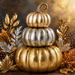 metallic harvest pumpkin stack metal sign featuring gold and silver pumpkins surrounded by autumn leaves, pinecones, berries, and elegant fall foliage.