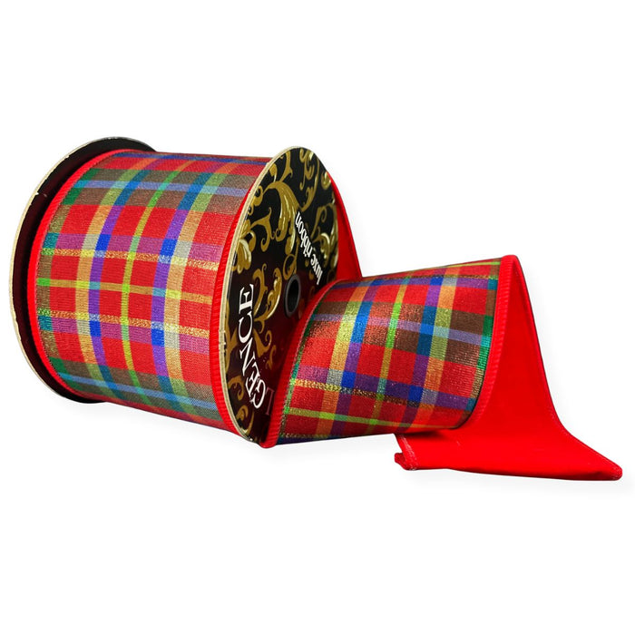 Metallic tartan plaid wired ribbon with thick red velvet backing, 4 inches by 10 yards.