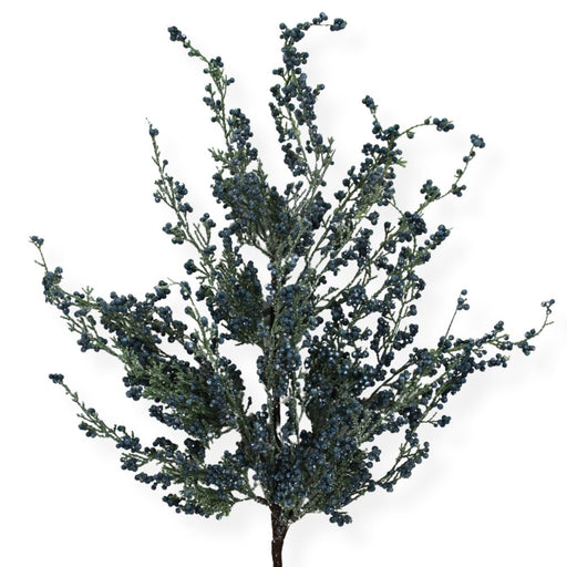 30-inch artificial blue mini berry spray with clustered blue berries on branching stems for Christmas trees, winter wreaths, garlands, and floral arrangements.
