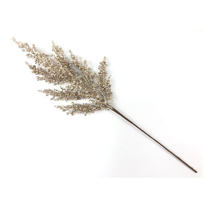 26-inch artificial champagne mini berry spray with metallic champagne berry clusters on branching stems for Christmas trees, wreaths, garlands, and holiday floral arrangements.