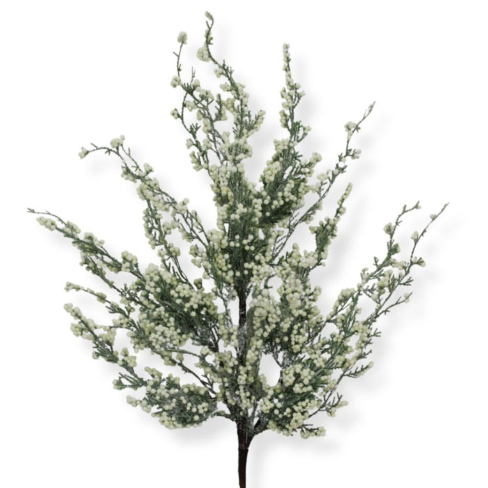 30-inch artificial cream mini berry spray with clustered cream berries on branching stems for Christmas trees, wreaths, garlands, and floral arrangements.
