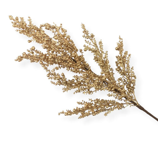 26-inch artificial gold mini berry spray with metallic gold berry clusters on branching stems for Christmas trees, wreaths, garlands, and holiday floral arrangements.