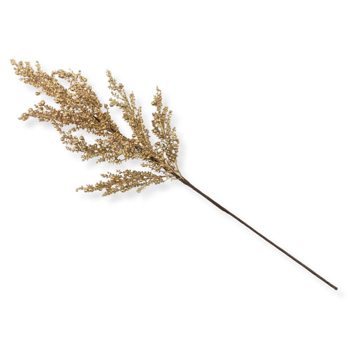 26-inch artificial gold mini berry spray with metallic gold berry clusters on branching stems for Christmas trees, wreaths, garlands, and holiday floral arrangements.