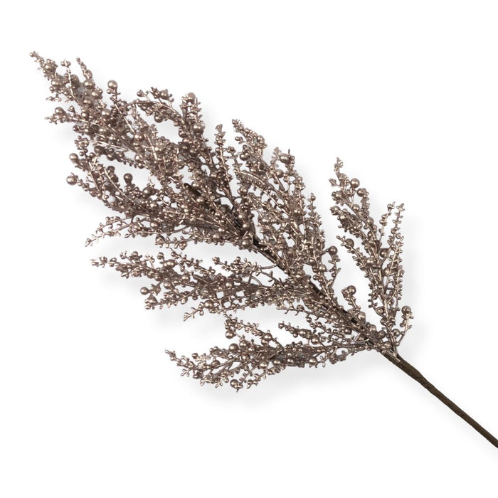 26-inch artificial rose gold mini berry spray with metallic berry clusters on branching stems for Christmas trees, wreaths, garlands, and holiday floral arrangements.