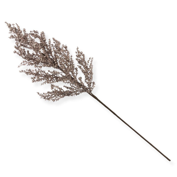 26-inch artificial rose gold mini berry spray with metallic berry clusters on branching stems for Christmas trees, wreaths, garlands, and holiday floral arrangements.
