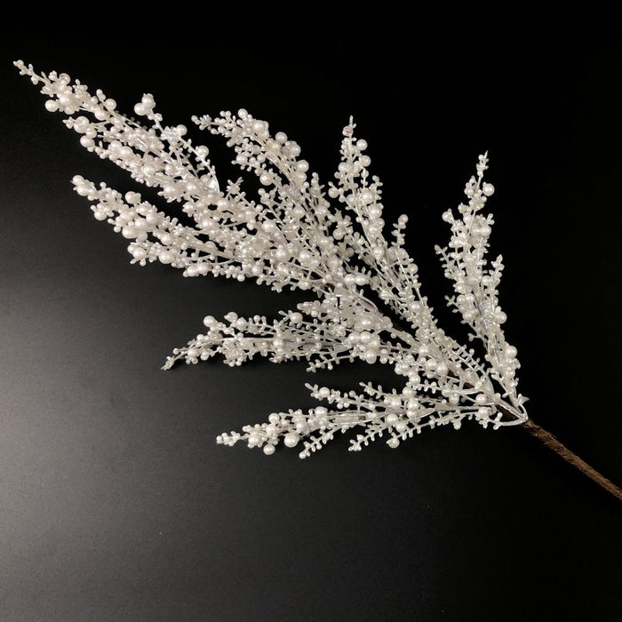 26-inch artificial white mini berry spray with pearl-like berry clusters on branching stems for Christmas trees, wreaths, garlands, and winter floral arrangements.
