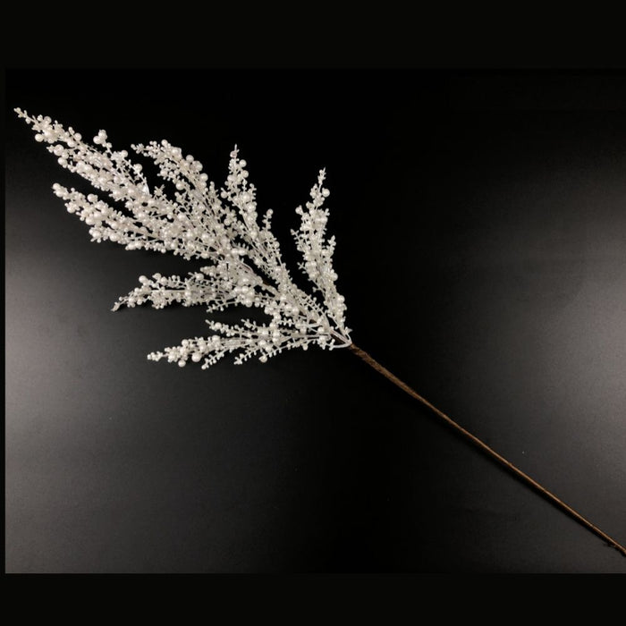 26-inch artificial white mini berry spray with pearl-like berry clusters on branching stems for Christmas trees, wreaths, garlands, and winter floral arrangements.