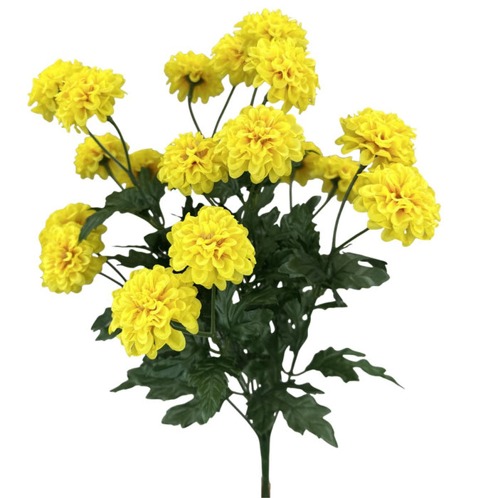 Yellow mini zinnia artificial bush with bright clustered blooms and green foliage, 17 inch floral stem SKU 64016YW