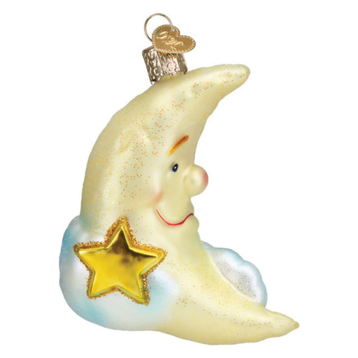 Mister Moon Old World Christmas glass ornament featuring a smiling crescent moon with soft blue clouds and a golden star, baby keepsake ornament 22047.