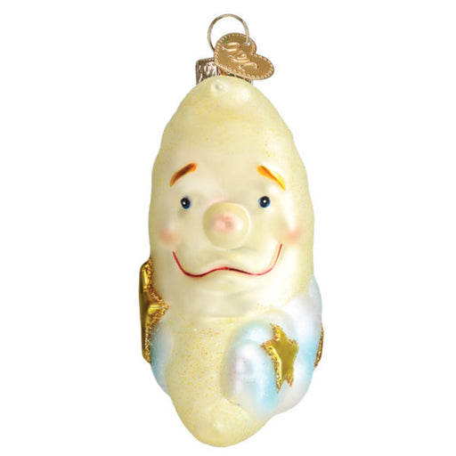 Mister Moon Old World Christmas glass ornament featuring a smiling crescent moon with soft blue clouds and a golden star, baby keepsake ornament 22047.