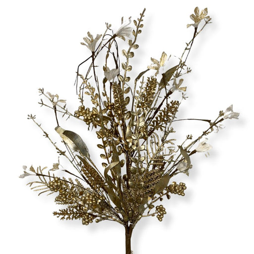 The 24" Mixed Christmas Spray Gold 63526-Gold showcases glittered foliage, metallic gold leaves, gold berries, and delicate white flowers on branching stems, all beautifully presented against a white background.