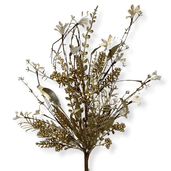 The 24" Mixed Christmas Spray Gold 63526-Gold showcases glittered foliage, metallic gold leaves, gold berries, and delicate white flowers on branching stems, all beautifully presented against a white background.