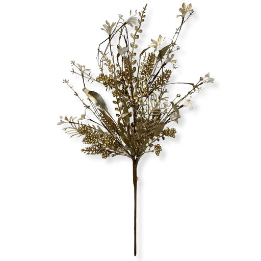 The 24" Mixed Christmas Spray Gold 63526-Gold features glittered foliage with gold and silver metallic leaves, accented by gold berries and delicate branches, all arranged in a festive and elegant style against a white background.