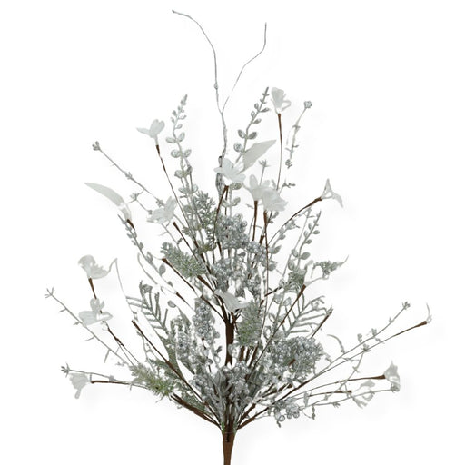 The 24" Mixed Christmas Spray Silver 63526-Silver features frosted foliage with white and silver leaves, delicate small flowers, and berries on brown stems—making it perfect as a silver holiday or Christmas spray that displays beautifully against a white background.