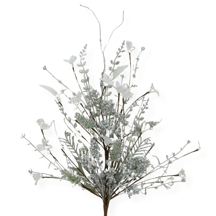 The 24" Mixed Christmas Spray Silver 63526-Silver features frosted foliage with white and silver leaves, delicate small flowers, and berries on brown stems—making it perfect as a silver holiday or Christmas spray that displays beautifully against a white background.