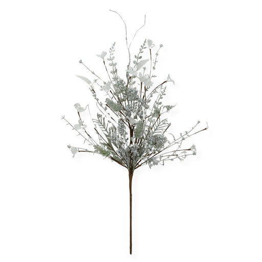 The 24" Mixed Christmas Spray Silver (63526-Silver) features artificial white flowers, small leaves, and delicate branches on a single brown stem with frosted foliage, making it the perfect silver holiday accent for festive arrangements; isolated on a white background.