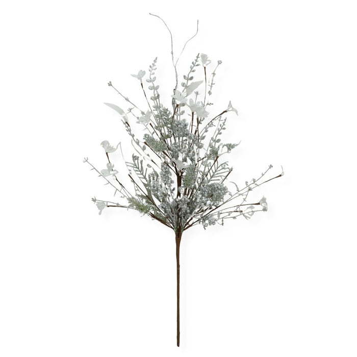 The 24" Mixed Christmas Spray Silver (63526-Silver) features artificial white flowers, small leaves, and delicate branches on a single brown stem with frosted foliage, making it the perfect silver holiday accent for festive arrangements; isolated on a white background.
