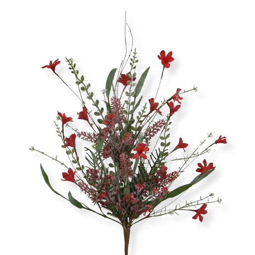 A 24" Mixed Christmas Spray (63526-Frosted Red) featuring artificial red blossoms and green leaves on brown stems, accented with frosted red berries in a festive holiday style, displayed against a white background.