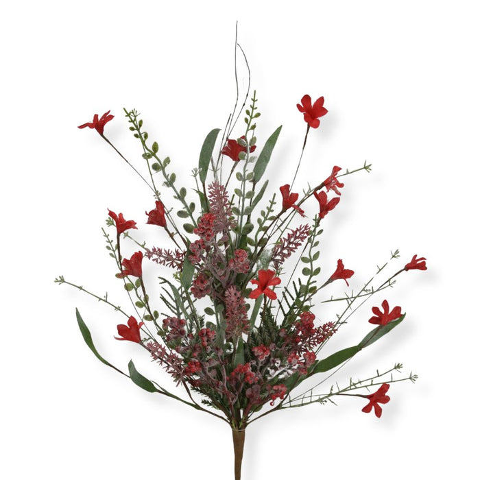 A 24" Mixed Christmas Spray (63526-Frosted Red) featuring artificial red blossoms and green leaves on brown stems, accented with frosted red berries in a festive holiday style, displayed against a white background.