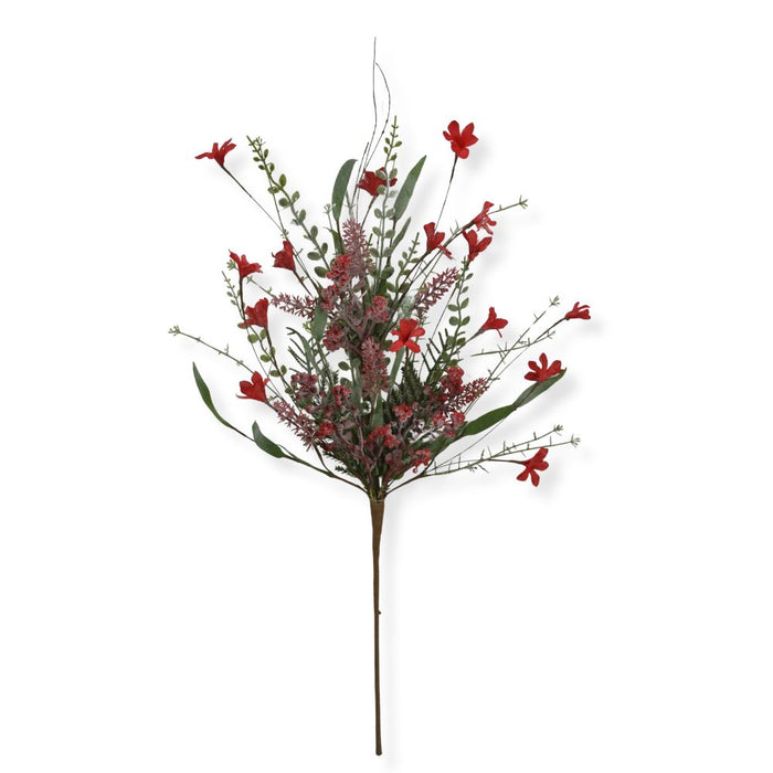 A 24" Mixed Christmas Spray Frosted Red (63526-Frosted Red) featuring vibrant frosted red flowers, green leaves, and accent sprigs on a brown stem is displayed against a white background. Ideal for holiday arrangements, this artificial piece adds festive charm to any décor.