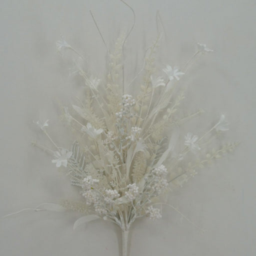 A soft and elegant holiday floral arrangement featuring the 24" Mixed Christmas Spray White 63526-White, showcasing delicate artificial white flowers and frosted greenery against a light gray background.