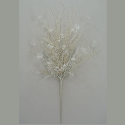 A 24" Mixed Christmas Spray White (63526-White) featuring delicate artificial white and cream flowers with foliage, accented by frosted greenery, arranged against a plain light background.