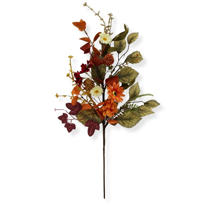 26-inch artificial fall mixed daisy spray with orange and cream daisies, burgundy flowers, berries, eucalyptus, and autumn foliage for wreaths and floral arrangements.