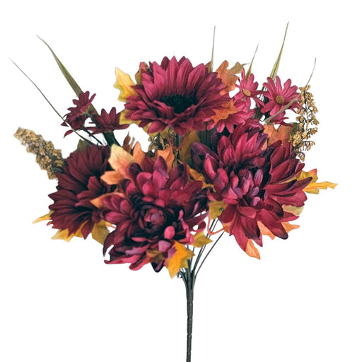 Burgundy mum and sunflower fall floral bush with autumn leaves and 10 stems, 14 inches.