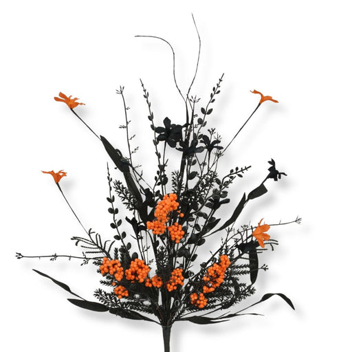 24-inch mixed Halloween spray with bright orange berries, orange flowers, black foliage, and twig accents.