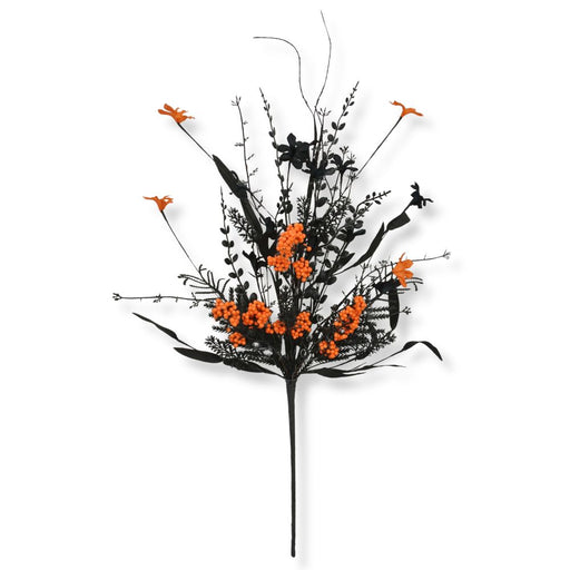 24-inch mixed Halloween spray with bright orange berries, orange flowers, black foliage, and twig accents.