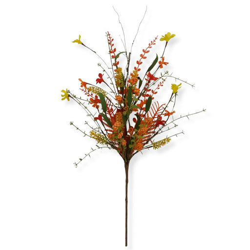 A beautiful 24" Mixed Fall Spray in orange, yellow, and red (63526-ORYELRD), featuring vibrant autumn flowers, green leaves, and delicate brown branches on a single sturdy brown stem—perfect for enhancing your fall wreaths or seasonal décor.