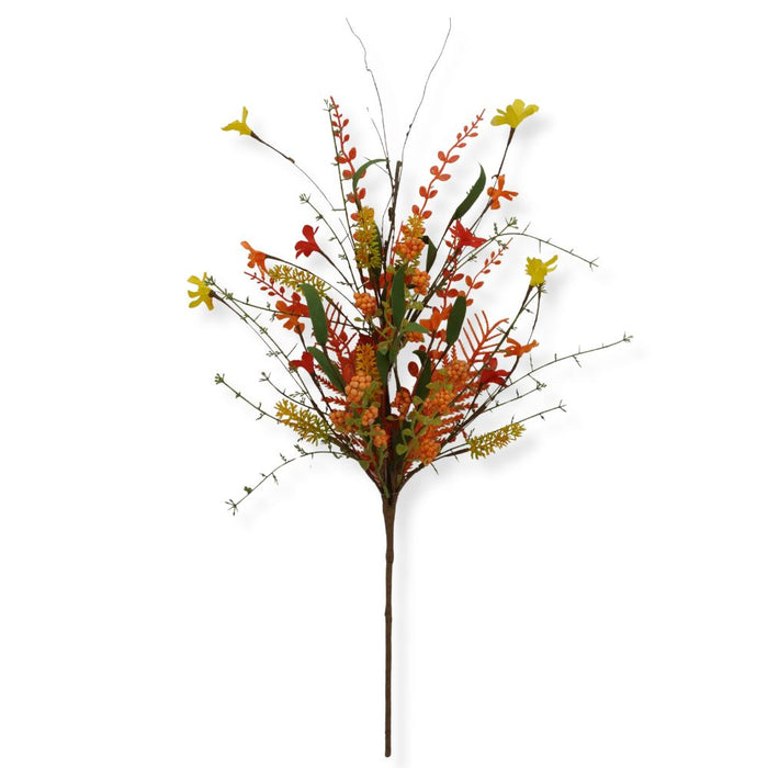 A beautiful 24" Mixed Fall Spray in orange, yellow, and red (63526-ORYELRD), featuring vibrant autumn flowers, green leaves, and delicate brown branches on a single sturdy brown stem—perfect for enhancing your fall wreaths or seasonal décor.