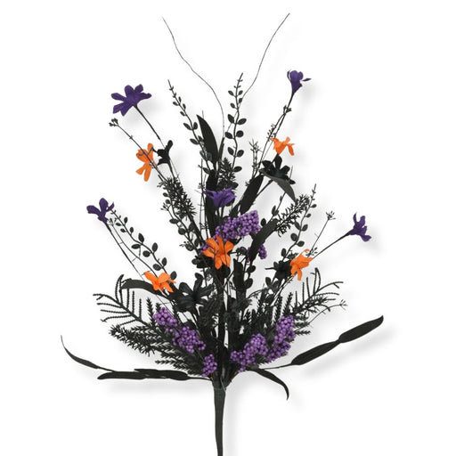 24-inch purple mixed Halloween spray with purple berry clusters, purple and orange flowers, black foliage, and twig accents.
