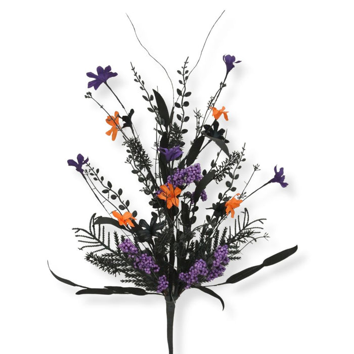 24-inch purple mixed Halloween spray with purple berry clusters, purple and orange flowers, black foliage, and twig accents.