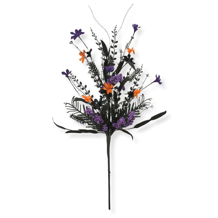 24-inch purple mixed Halloween spray with purple berry clusters, purple and orange flowers, black foliage, and twig accents.